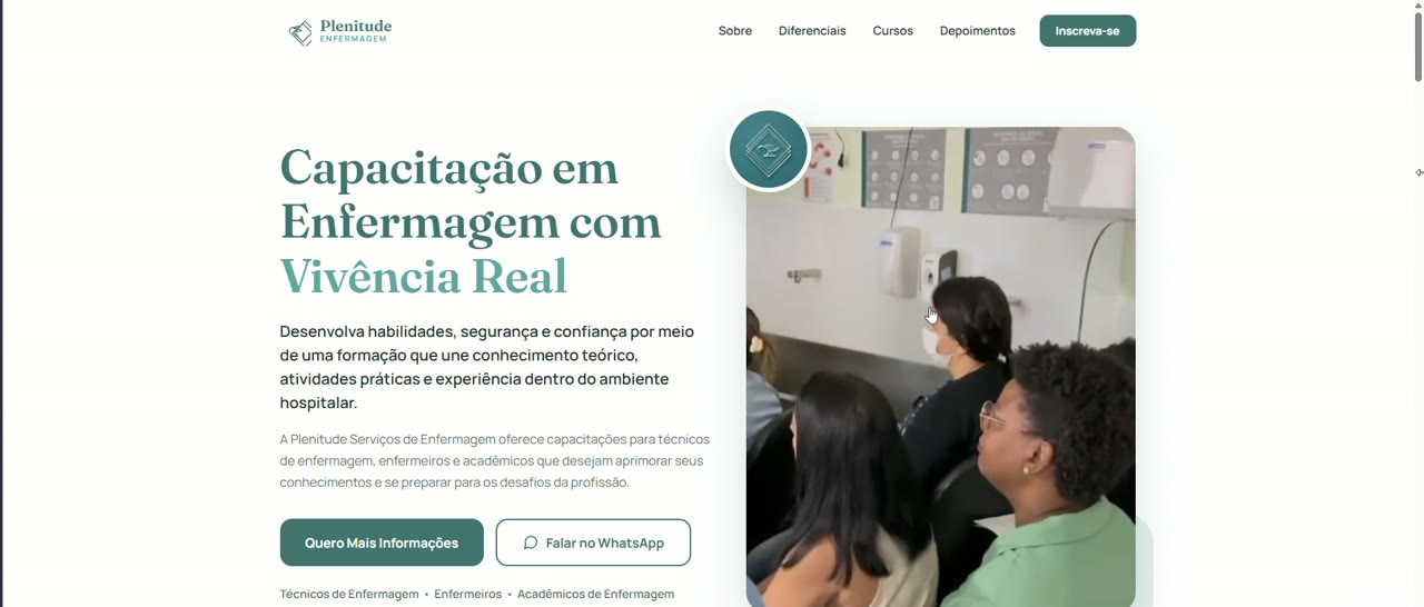 Preview do hero do site da Plenitude Enfermagem